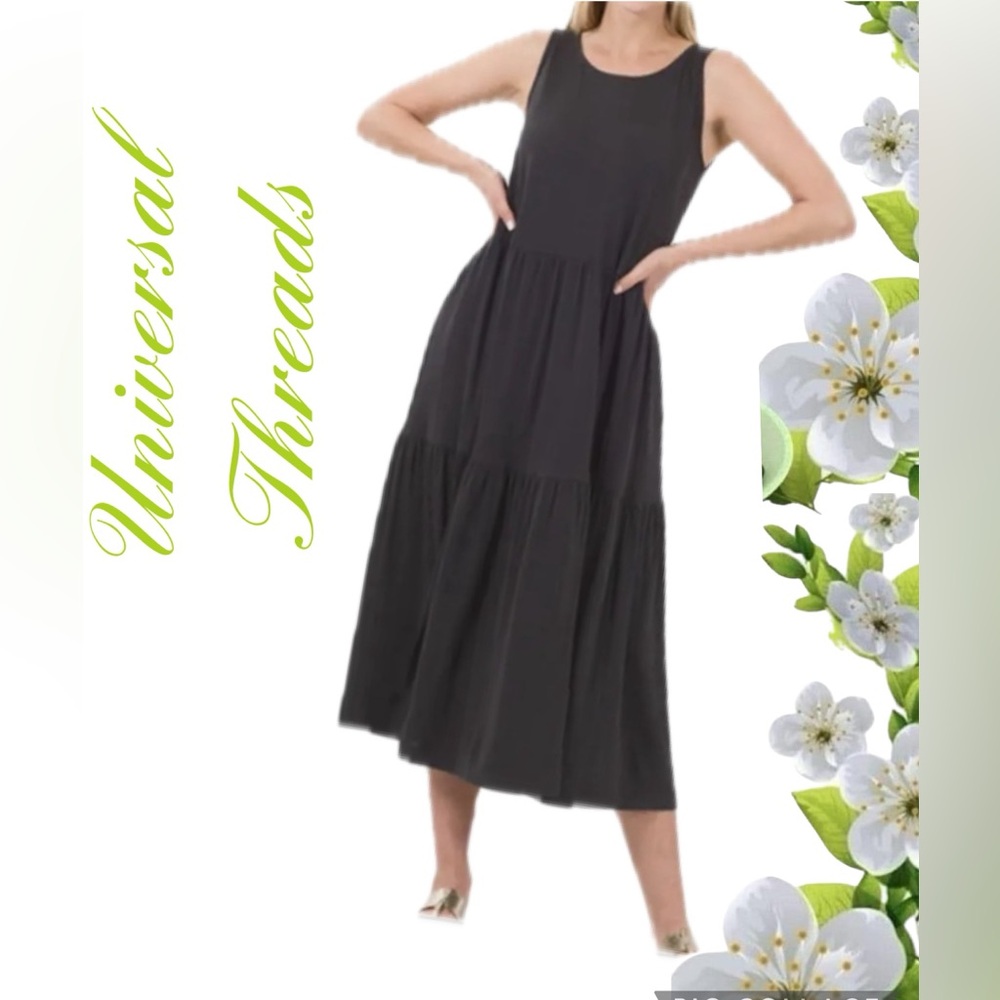 UNIVERSAL THREADS Charcoal Gray Cotton Tiered Tank Midi Dress Sz:S Gently Used